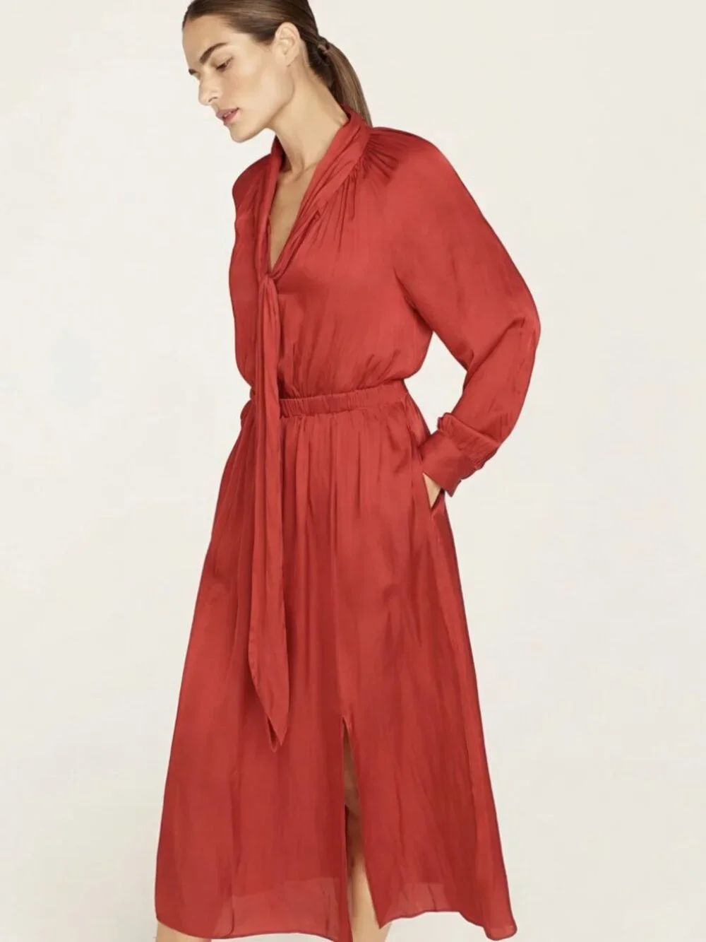 NWT J.Crew Featherweight Satin Tie-Neck Midi in Deep Ruby Red Crinkle Dress XS